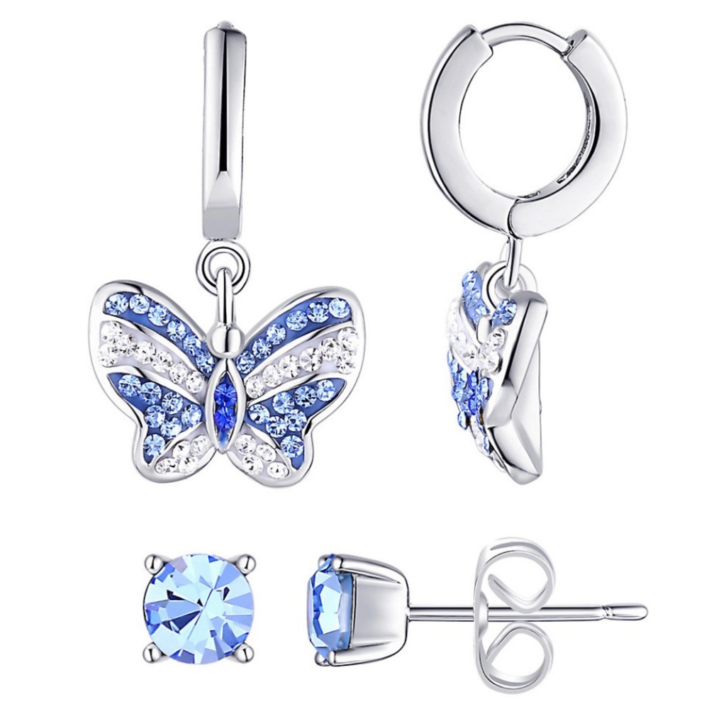 Silver Plated Blue Butterfly Crystal Stud Earring GIFT BOX Valentines Birthday